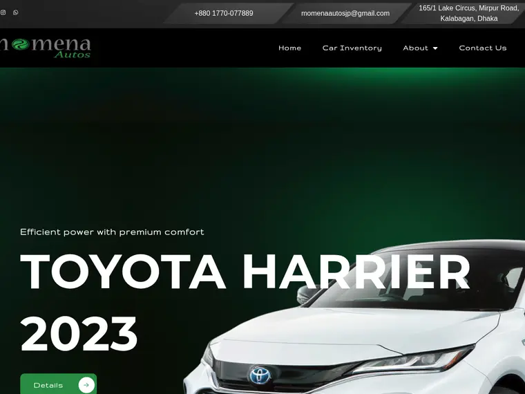 Screenshot of Momena Autos website - Car Import & Dealership Platform
