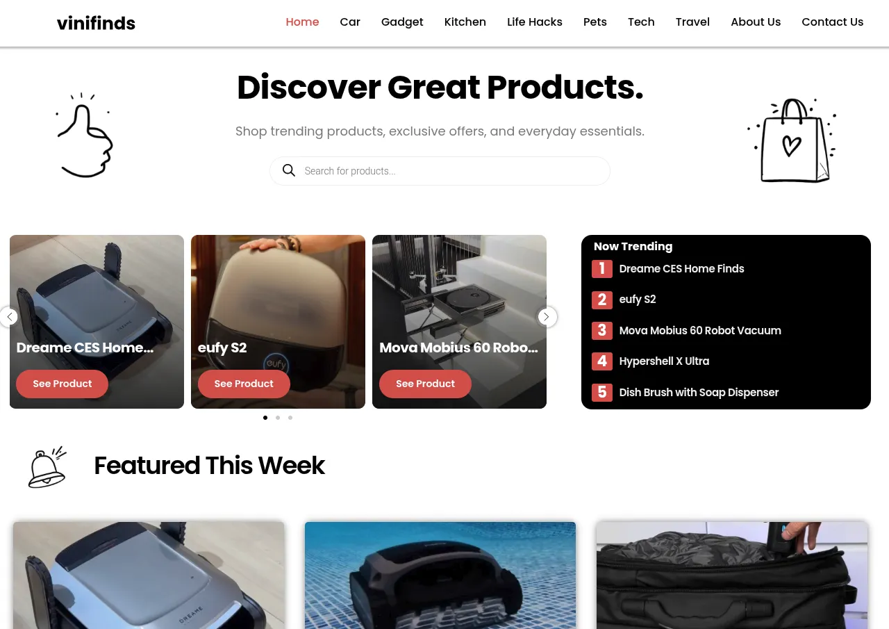 Screenshot of Vini Finds website