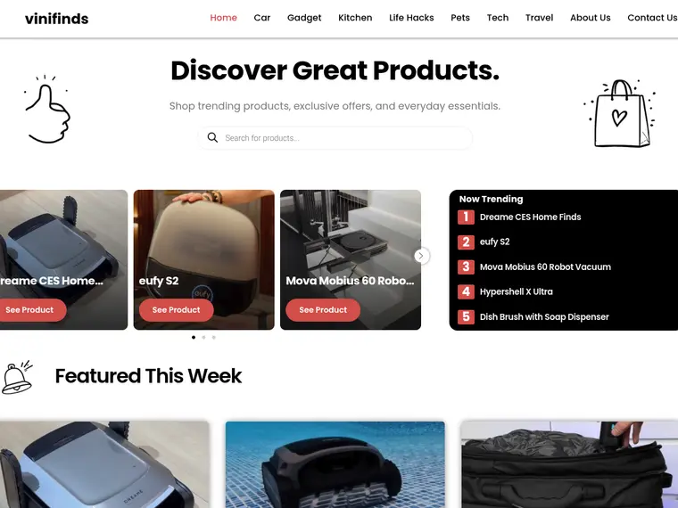 Screenshot of Vini Finds website - Product Discovery & Affiliate Content Platform